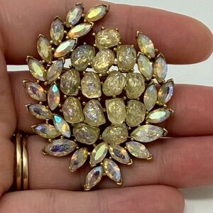 Vtg Crown Trifari Etoile Yellow Lava Glass Brooch AB Rhinestone Alfred Philippe